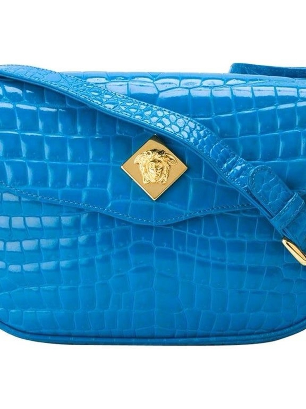 Versace Bright Blue Croc-Embossed Crossbody with Gold Medusa Accent